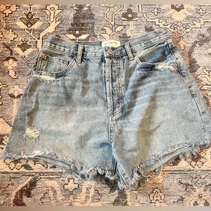 button fly light wash jean shorts